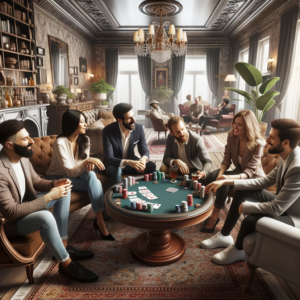 Realistic image of a spacious living room with vintage decor. Friends of diverse backgrounds gather around a poker table