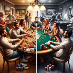 Realistic split image drawing a comparison. The left portrays a homey poker game, with a casual table, drinks, and friends engaged in light banter.